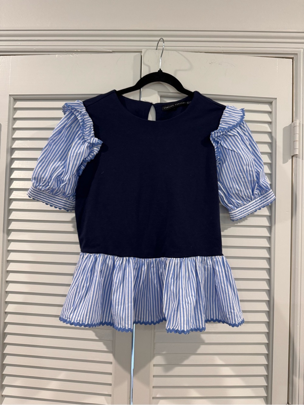 English Factory Navy Top with Blue & White Striped Ruffle Sleeves
